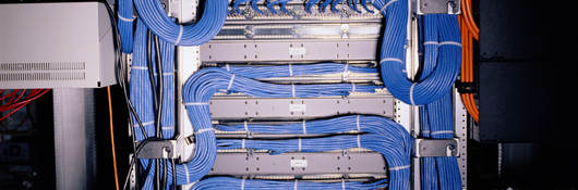 A close-up image of blue telecommunications cable.  